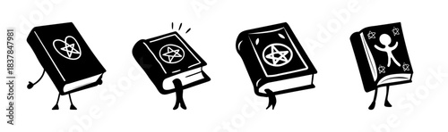 Whimsical black book icons with various symbols, education and knowledge concept