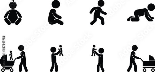 Minimalist baby and parent activity icon set illustrating childcare, infant development stages, family bonding, newborn care, parenting support, stroller walking, and nurturing moments.