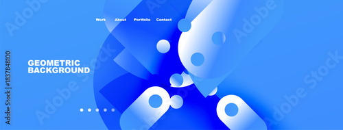 Blue abstract design. Geometric shapes, bubbles, gradients create modern website header or banner. Navigation visible.