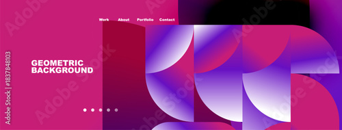 Abstract geometric design. Vibrant pink, purple hues dominate composition. Navigation menu present at top. Modern aesthetic.