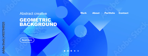 Blue abstract background with geometric shapes, text, navigation menu. Modern design for website or presentation.