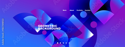Abstract geometric background features vibrant blue, purple gradients. Website navigation includes work, about, portfolio, contact sections. Modern design.