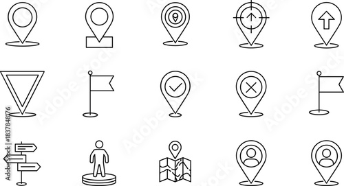 Minimalist Line Art Location and Navigation Pin Vector Icon Set: GPS, Map Marker, Destination, and User Tracking Symbols for Web and Mobile UI Design.