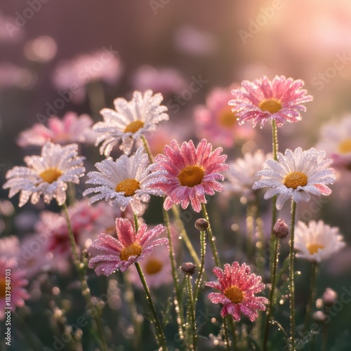 Pink and white daisies with dew drops in golden hour glow for spring greeting card social media post soft-focus floral design

