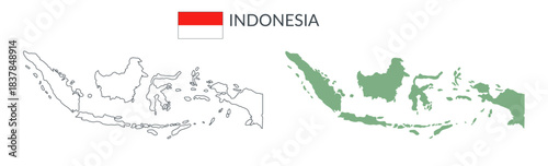 Indonesia geographical borders isolated on white background. Flag of Indonesia. Vector flat cliparts.	