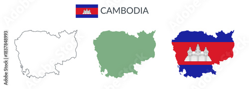 Cambodia geographical borders isolated on white background. Flag of Cambodia. Vector flat cliparts.	
