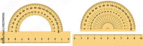 High-quality illustration of yellow protractors and rulers with precise metric and degree markings. Ideal for educational materials, geometry lessons, engineering diagrams, and design-related projects
