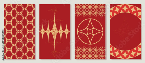 Chinese New Year red card vector illustration with gold motifs. Design for greeting cards and festive packaging.