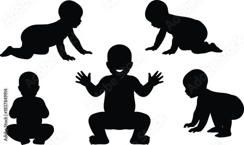 Silhouette illustration of babies in multiple crawling and sitting poses showcasing early childhood development, playful movement, expressive actions, and adorable infant body posture variety