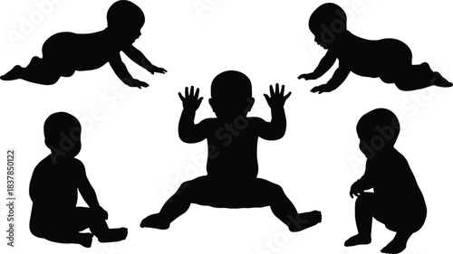 Silhouette illustration of babies in various sitting and crawling poses showing early development, playful movement, child growth stages, and expressive infant actions