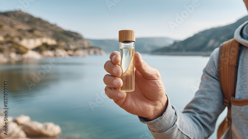 Person Holding Small Glass Vial with Liquid Sample Near Lake, Environmental Researcher Collecting Water for Analysis, Ecology and Sustainability Concept in Outdoor Nature Setting