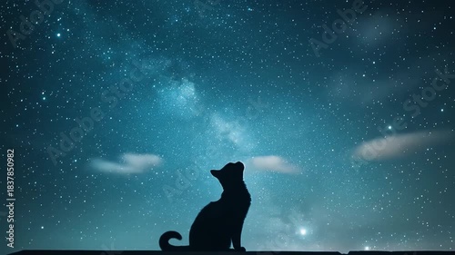 Silhouette of a cat silhouetted against a starry night sky background