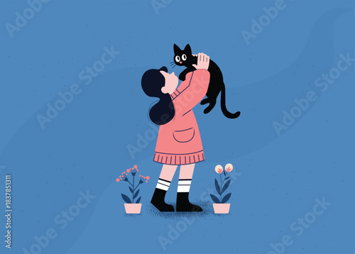 Minimalistic Illustration of Girl picking up cat