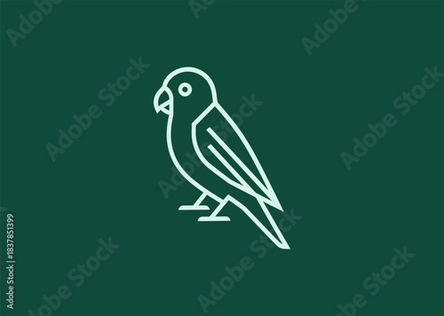 A geometric simple line parakeet logo using clean angular strokes to define its head and wing shape, representing liveliness, elegance, and vibrant character