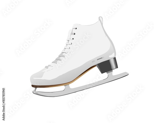 Isolated pair of figure ice skates with sharp blade and white leather boot