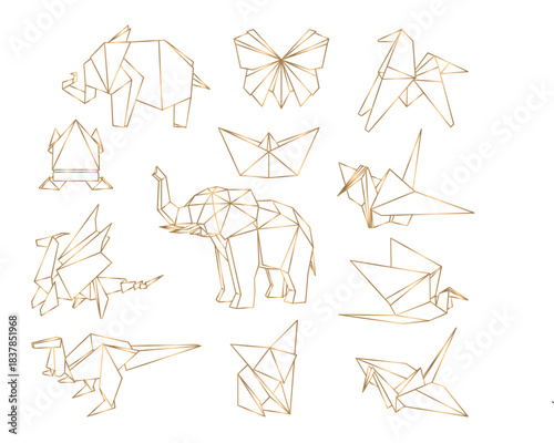 Origami. A set of origami. Set origami butterfly, crane, frog, horse, elephant, dragon, ship, dinosaur, fox. Paper set origami. Vector illustration