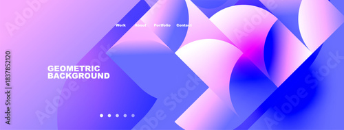 Abstract geometric background. Purple, pink hues blend. Website header visible with navigation options. Modern design aesthetic.