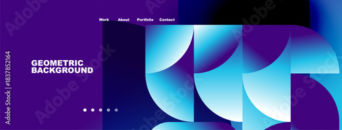 Modern website header design. Geometric shapes, vibrant blues, purple hues create dynamic visual impact. Navigation menu present.