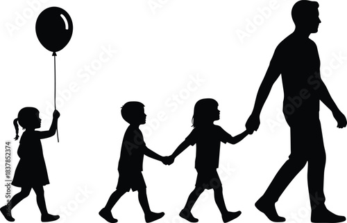 Silhouette illustration of father walking with three children holding hands, including girl with balloon, symbolizing family bonding, parenting guidance, safety and togetherness