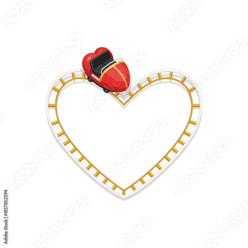 Red heart shaped roller coaster car on a heart shaped track isolated on white background