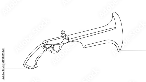 Line art illustration of a vintage pistol on a white background  