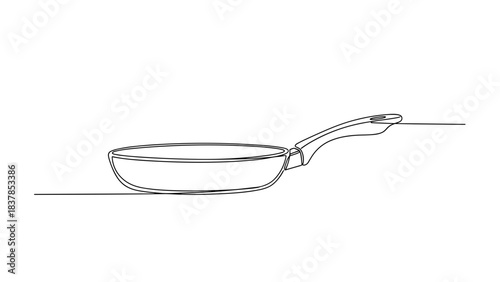 Simple line drawing of a frying pan on a flat surface  