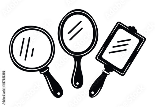 Collection of handheld mirrors with reflective surfaces and handles for personal grooming and selfreflection, suitable for beauty and wellness content.