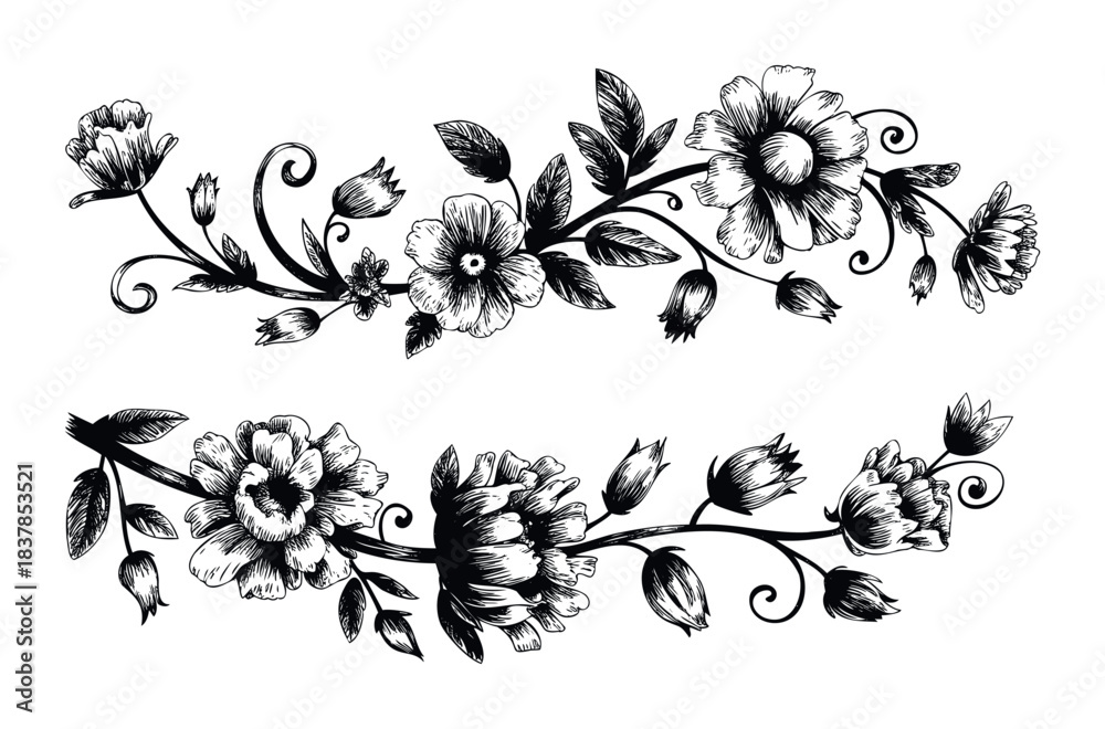 Fototapeta premium Intricate black and white floral vine arrangements with blooming flowers and buds, perfect for decorative borders and graphic accents.
