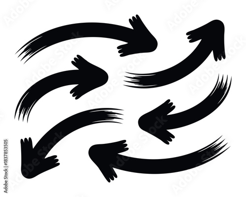 Collection of diverse curved brush stroke arrows pointing in different directions, perfect for graphic overlays and navigational aids in presentations and web applications.
