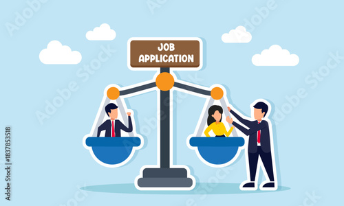 Businessman standing near a justice scale labeled Job Application with candidates on each side illustrating careful consideration in employee selection for a business team