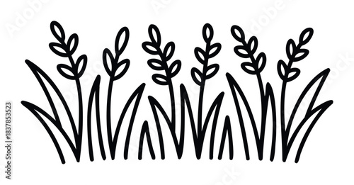 Hand drawn black outline of growing grass and plants with leaves for nature and organic themes, perfect for adding a touch of growth to your projects.