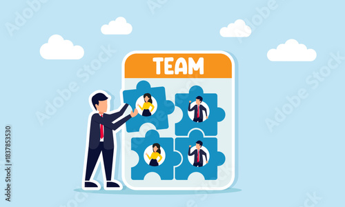 Businessman assembling a team themed puzzle with a businessman on each piece illustrating a business owner designing and building the best team