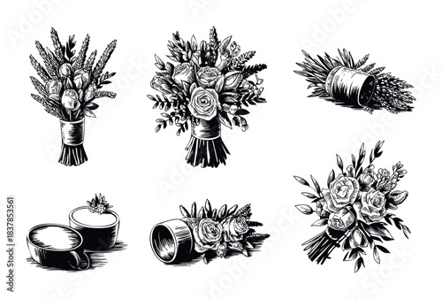 Hand Drawn Black and White Sketches of Floral Bouquets in Various Styles and Arrangements for Wedding and Floral Projects
