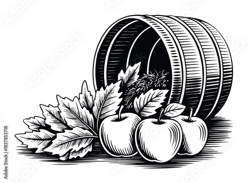 Black and white engraving of a wooden barrel with apples and leaves, perfect for harvest, autumn, or farmthemed projects and product promotions.