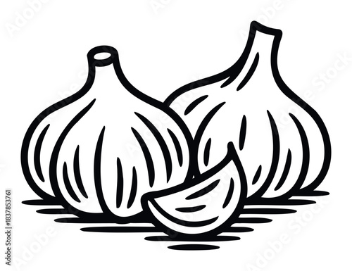 Stylized black and white graphic of two garlic bulbs and one clove, representing healthy cooking and seasoning, perfect for food blogs and culinary resources.