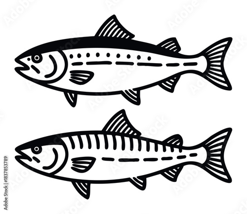 Two stylized fish icons in black and white, representing aquatic life and seafood, perfect for culinary branding, food packaging, and fishing industry graphics.