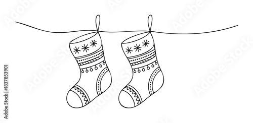 Whimsical line art of two festive Christmas stockings with snowflake and circular embellishments hanging from a string, perfect for seasonal greetings and holiday promotions.