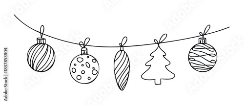 Hand drawn Christmas ornaments hanging on a string, perfect for holiday greetings and seasonal decor projects
