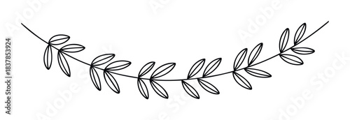 Elegant black vine with delicate leaves gracefully curving across a white background, perfect for adding a touch of nature to invitations and decorative projects.