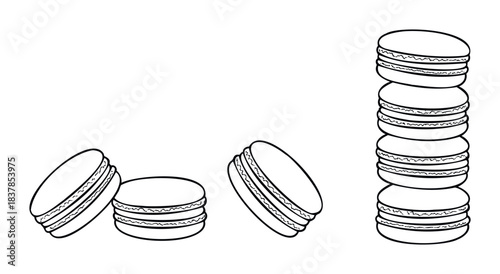 Stack of sweet macarons and scattered treats in a delightful arrangement, perfect for food blogs, bakery promotions and culinary themes.