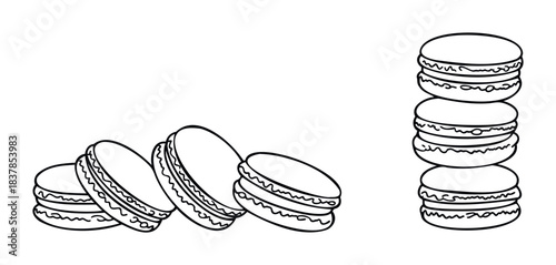 Line art macarons piled in stacks and scattered, perfect for use in bakery advertising, food blogs, and sweet treat promotions