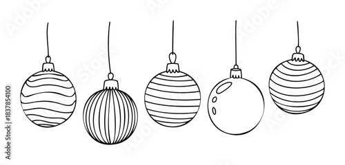 Hand drawn holiday ornaments hanging on strings for Christmas celebration and winter festive decoration purposes, perfect for seasonal greetings and winter holiday themes.