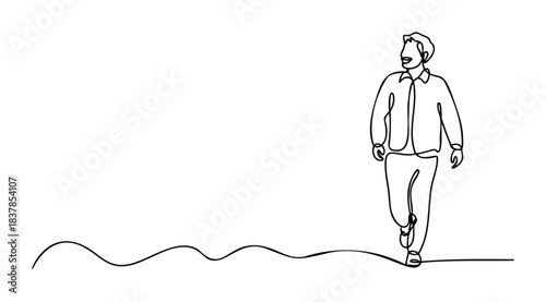 Single continuous line drawing of a joyful man walking with a smile, perfect for themes of happiness, movement, and positive journeys in media and marketing.