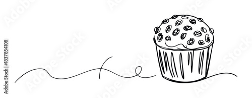 Hand drawn single line sketch of a delicious muffin with berries on top, representing baking and sweet treats, perfect for food blogs and recipe websites