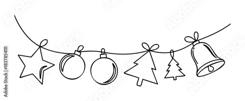 Delightful garland with Christmas ornaments, bells, and stars, perfect for holiday greetings and festive celebrations, creating a cheerful winter atmosphere.