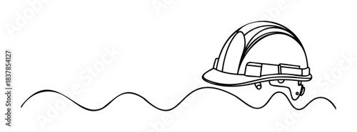 Line drawing of a hard hat with safety straps resting on a wavy line, suitable for construction, safety, or industrial concepts.
