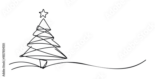 Minimalist line drawing of a stylized Christmas tree with a star on top, symbolizing holiday spirit and festive decoration, perfect for seasonal greetings and winter celebrations.