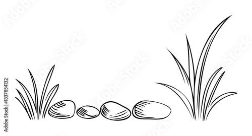 Minimalist line drawing of smooth stones and grass blades evoking a simple zen garden composition for wellness and nature themes