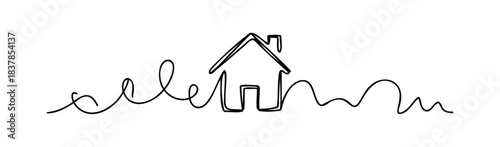 Simple line art depiction of a house with wavy lines suggesting movement or landscape, perfect for real estate or home related media.