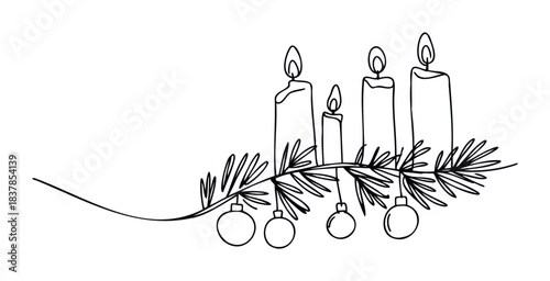 Minimalist continuous line drawing of a fir branch with four lit candles and three festive ornaments, perfect for festive season celebrations and holiday greeting cards.